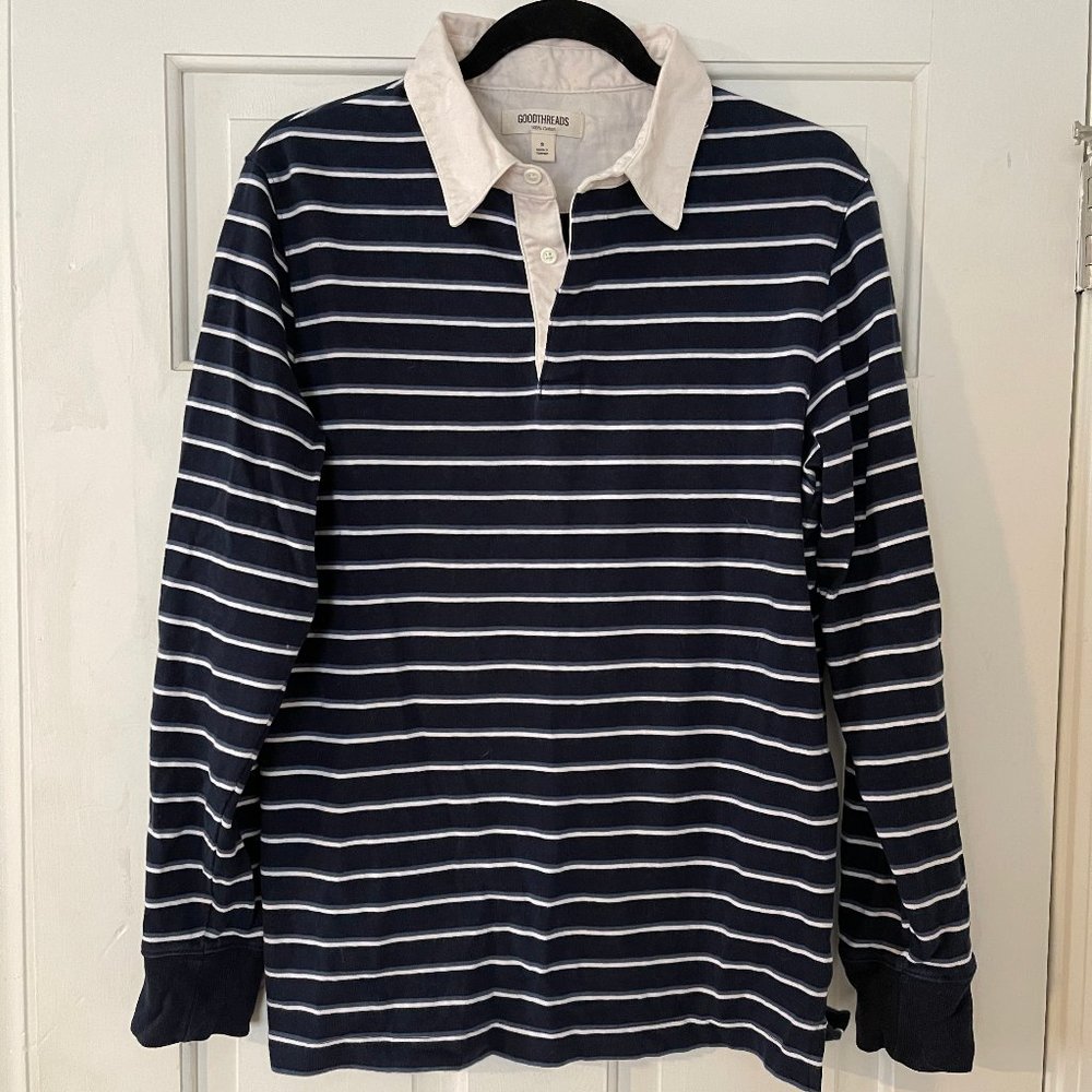 SALE S GOODTHREADS NAVY BLUE STRIPED LONG SLEEVE RUGBY POLO